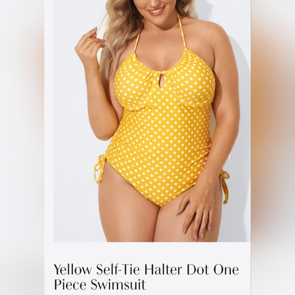 Yellow Self-Tie Halter Dot One Piece Swimsuit